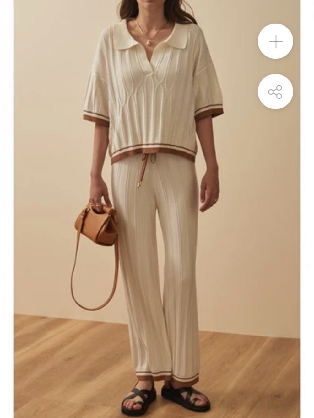 Oversized Sandro Cream Knit Polo top with Brown Trim. Shirt only!